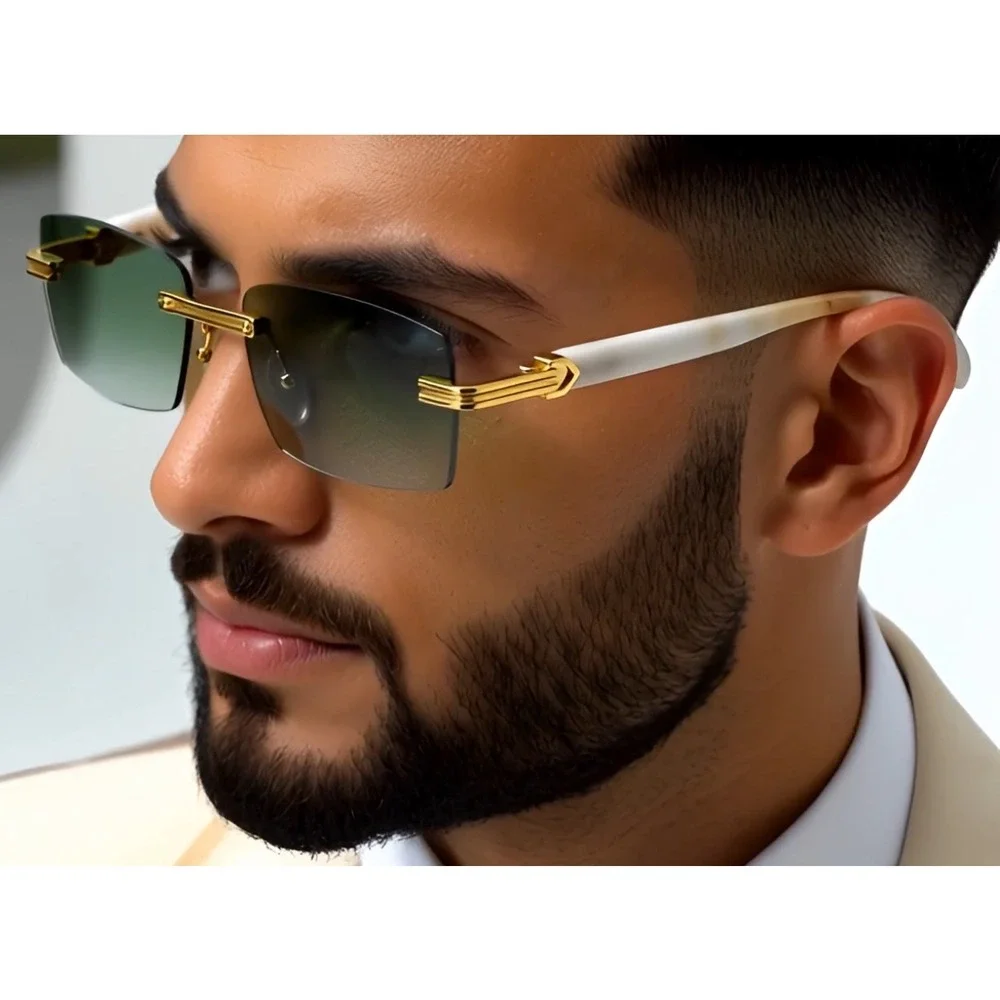 Rimless Rectangle Sunglasses‎ Vintage Style Gold Frame Horn Rim Fashion Lentes
